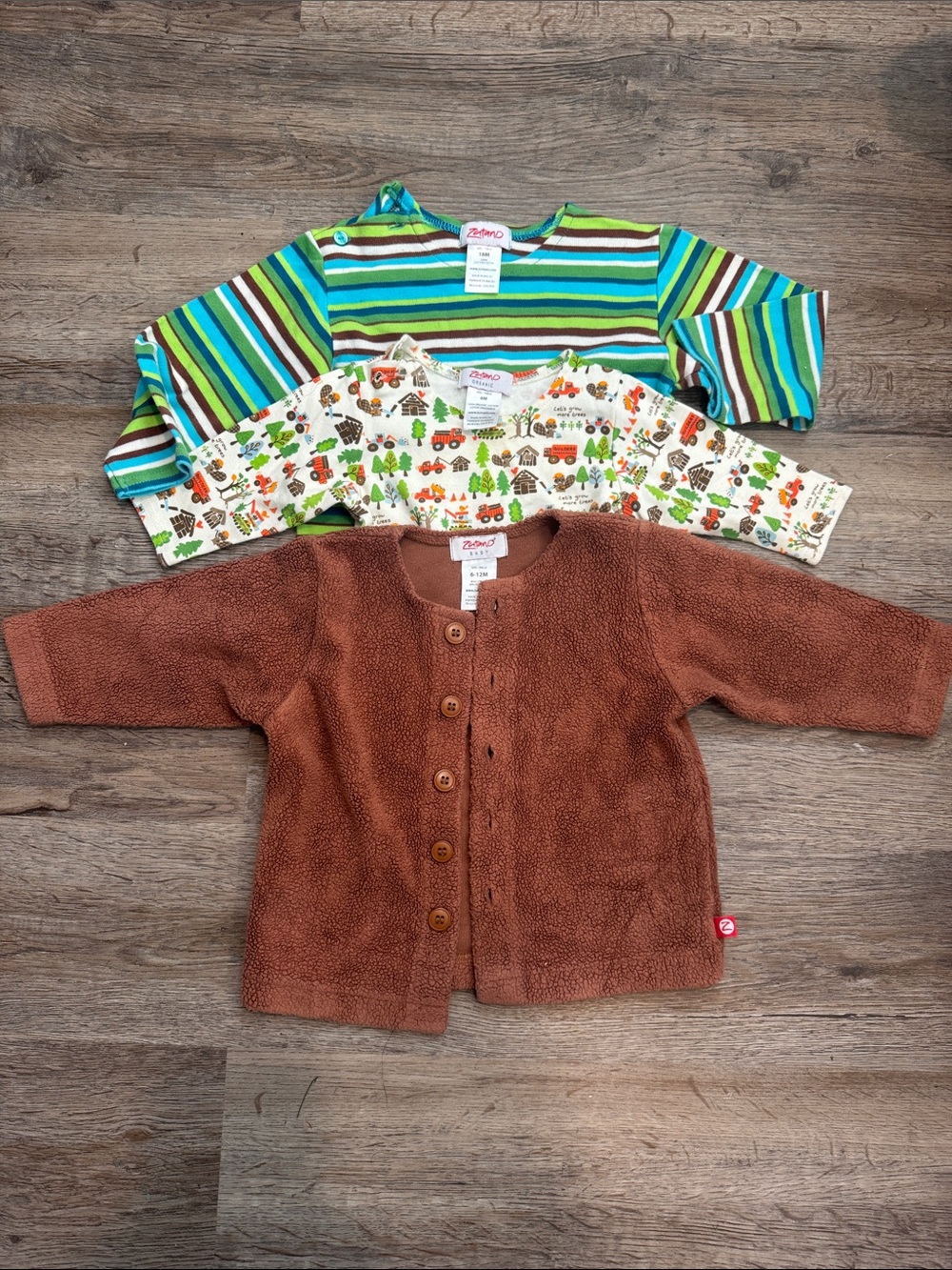 Zutano Brown Fleece Cardigan with Green & Cream Patterned Long-Sleeves - 3pc Set